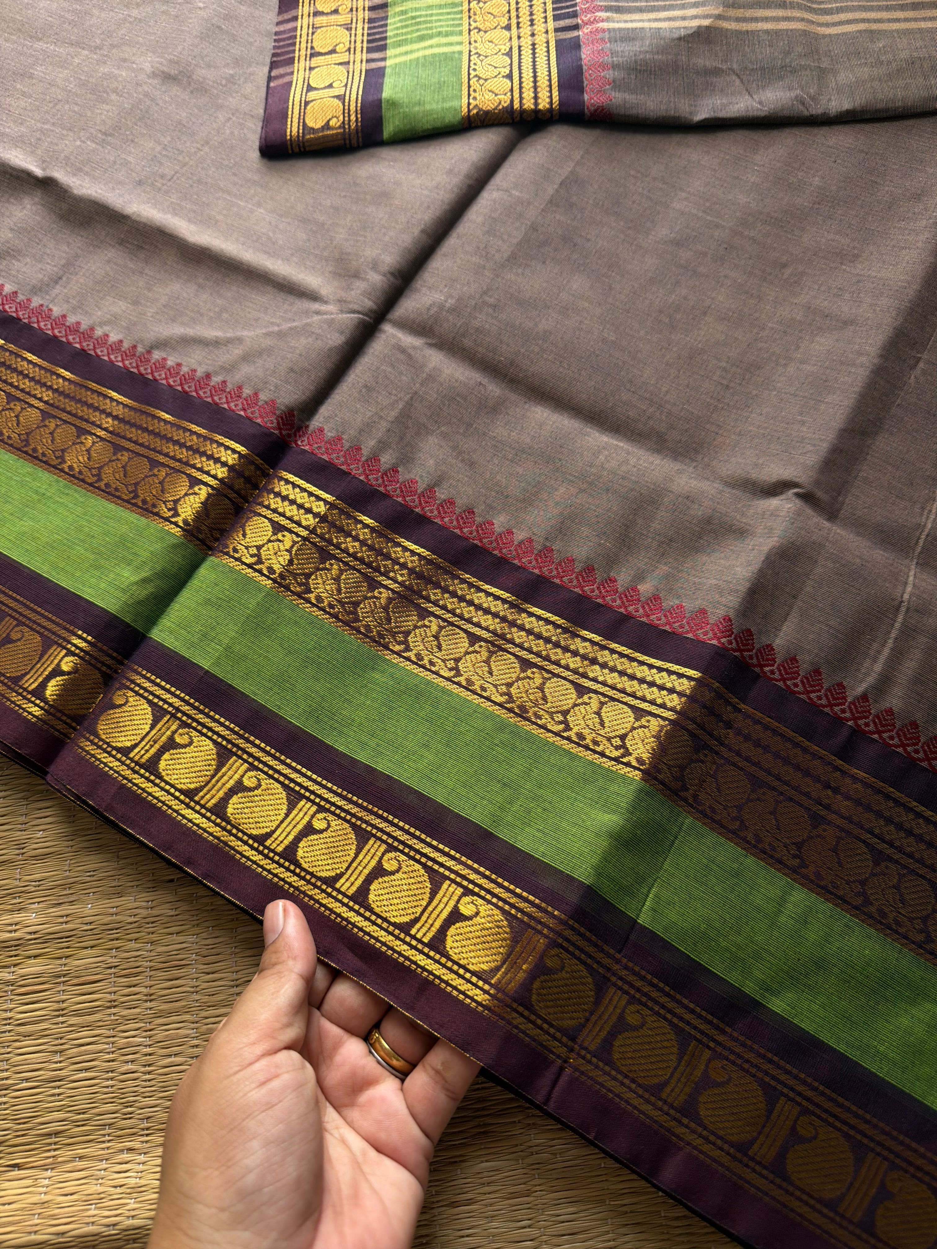 RF738 Grey shade Kanchi cotton saree with contrast Annam and mango pattern gap border