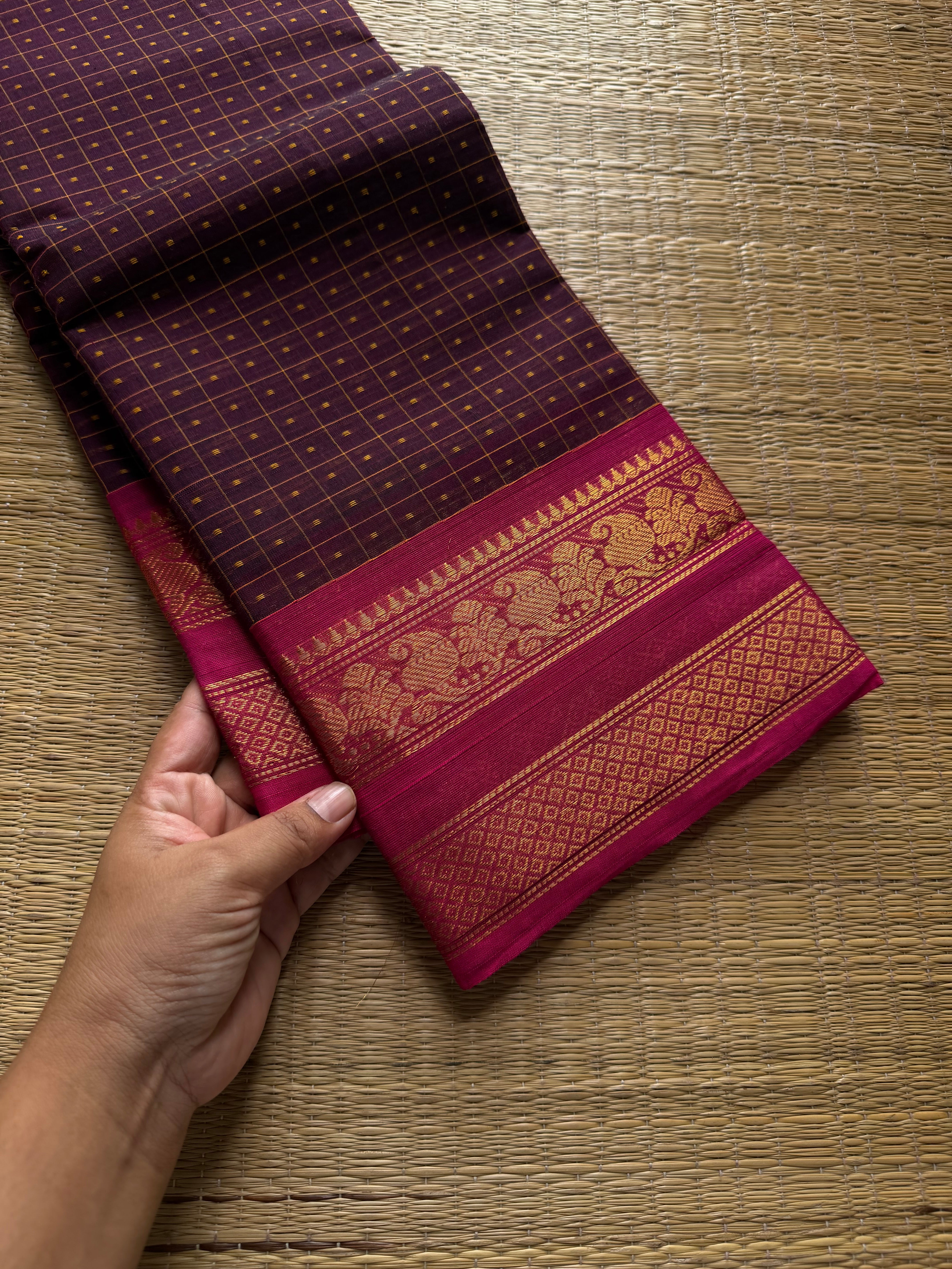 RF807 Lakshadeepam / 1000 Buttas checks / Kattam pattern Kanchi cotton saree :Jamun shade