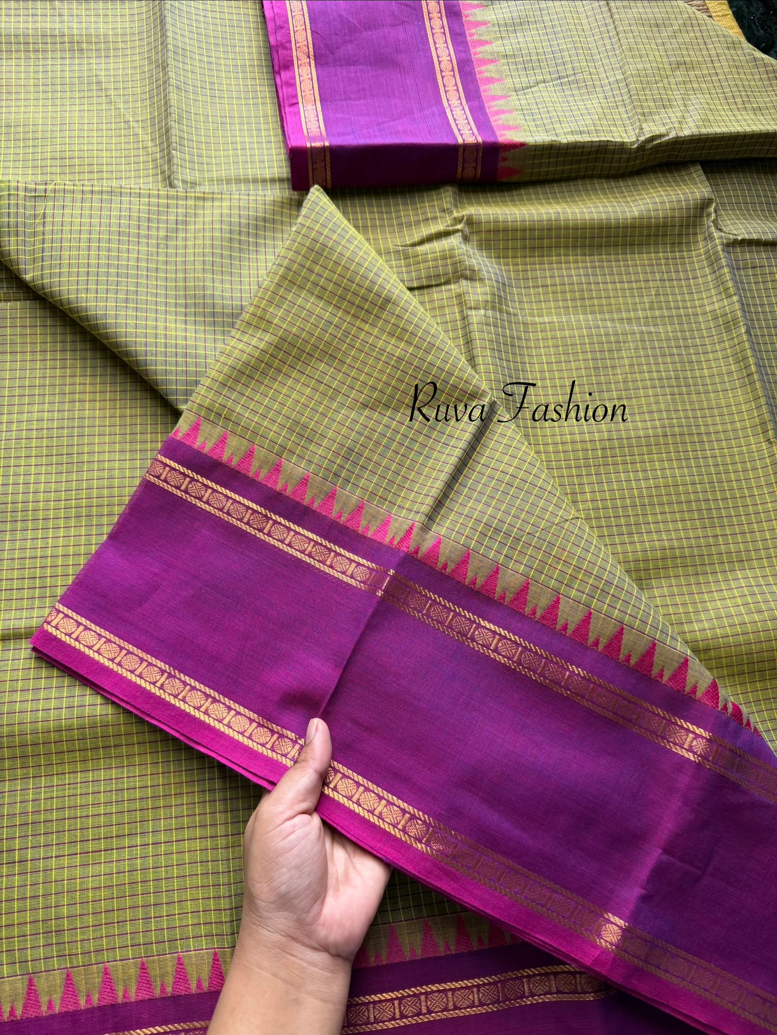 RF58 Dual tone Turquoise green shade with contrast dualmagenta pink  vintage border Podi Kattam Kanchi cotton saree