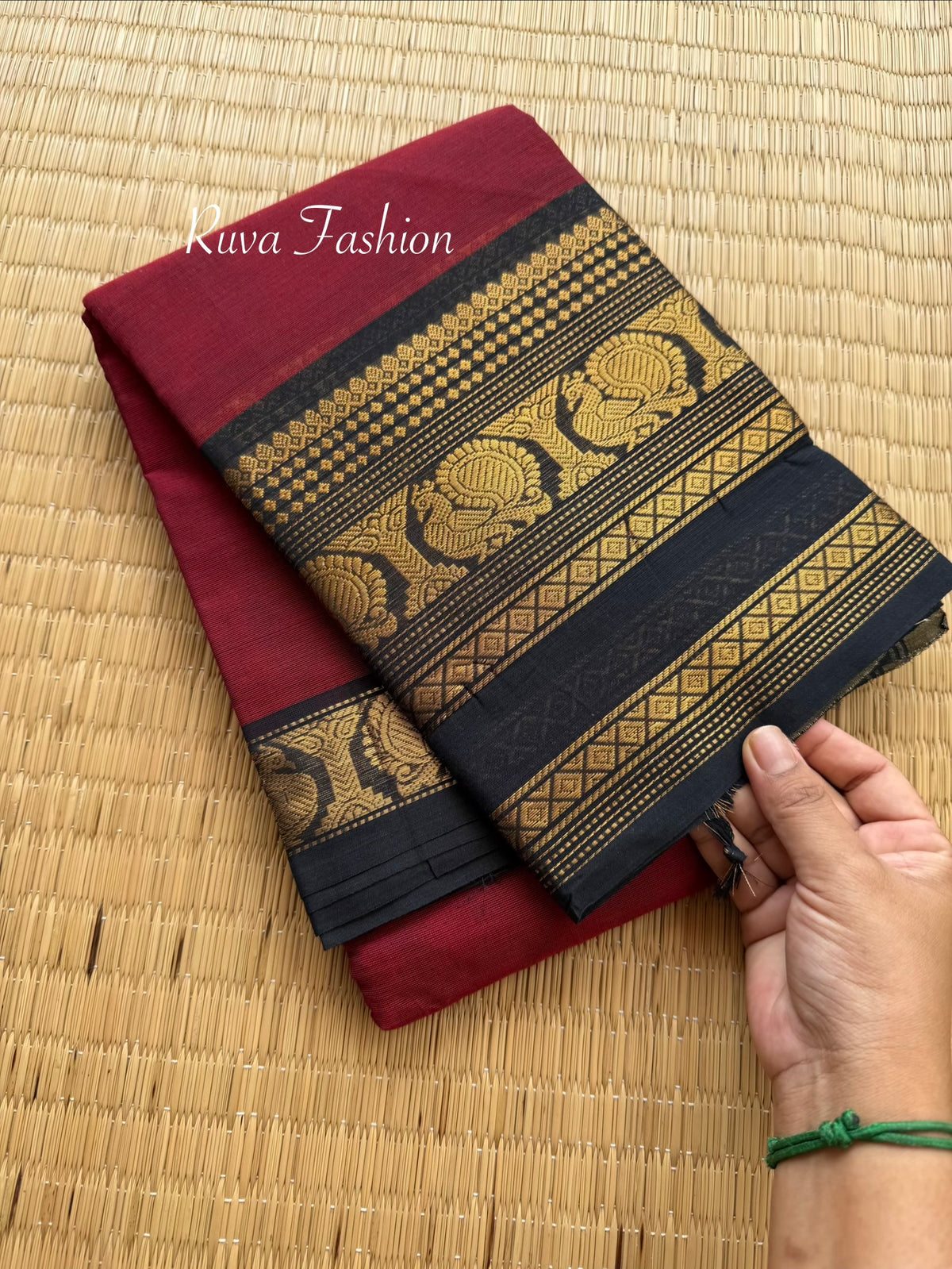 Dark Maroon Shade With contrast Black combination Kanchi cotton saree