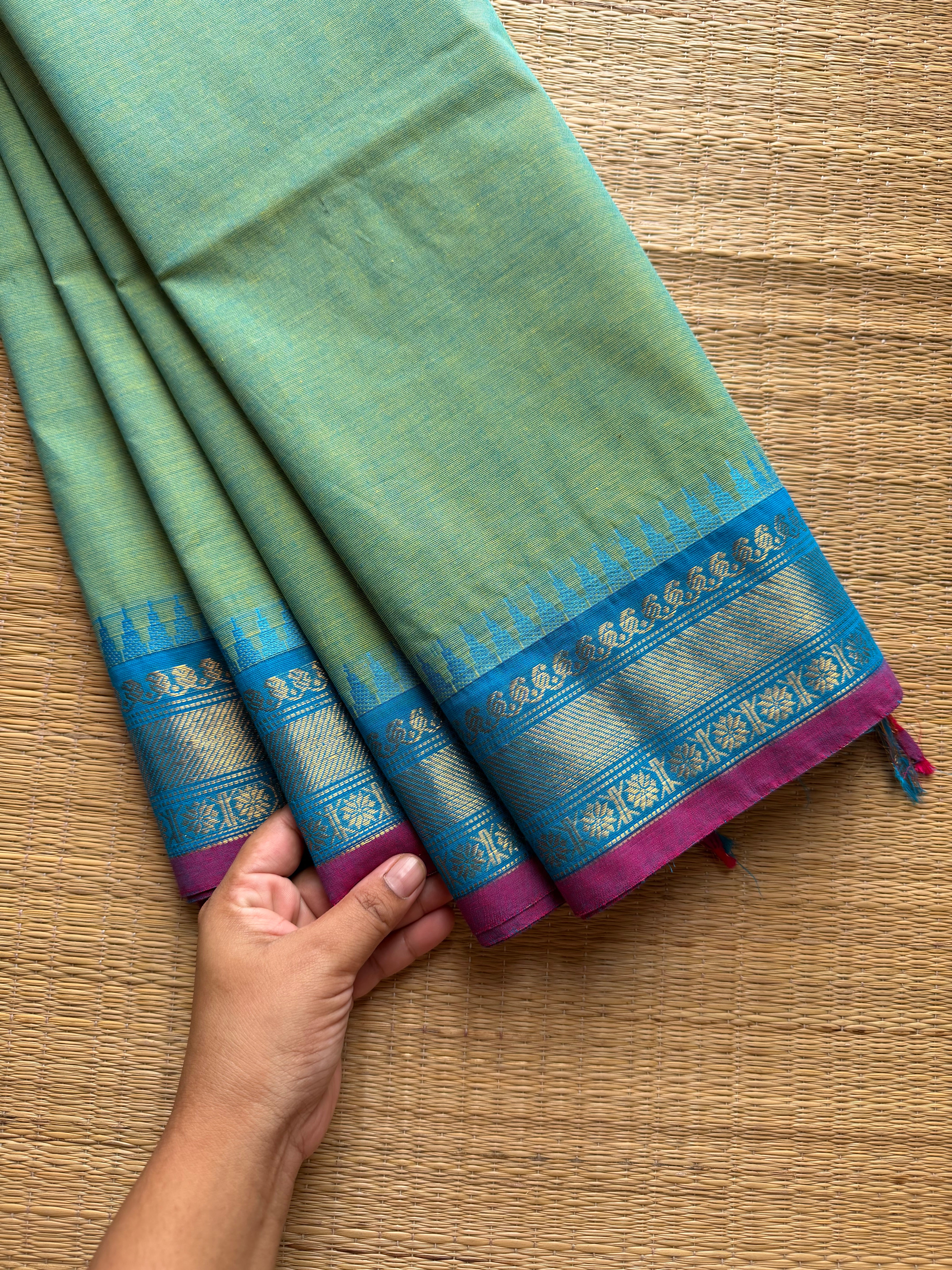 RF1059 Dual tone Apple green with sky blue combination Kanchi cotton saree