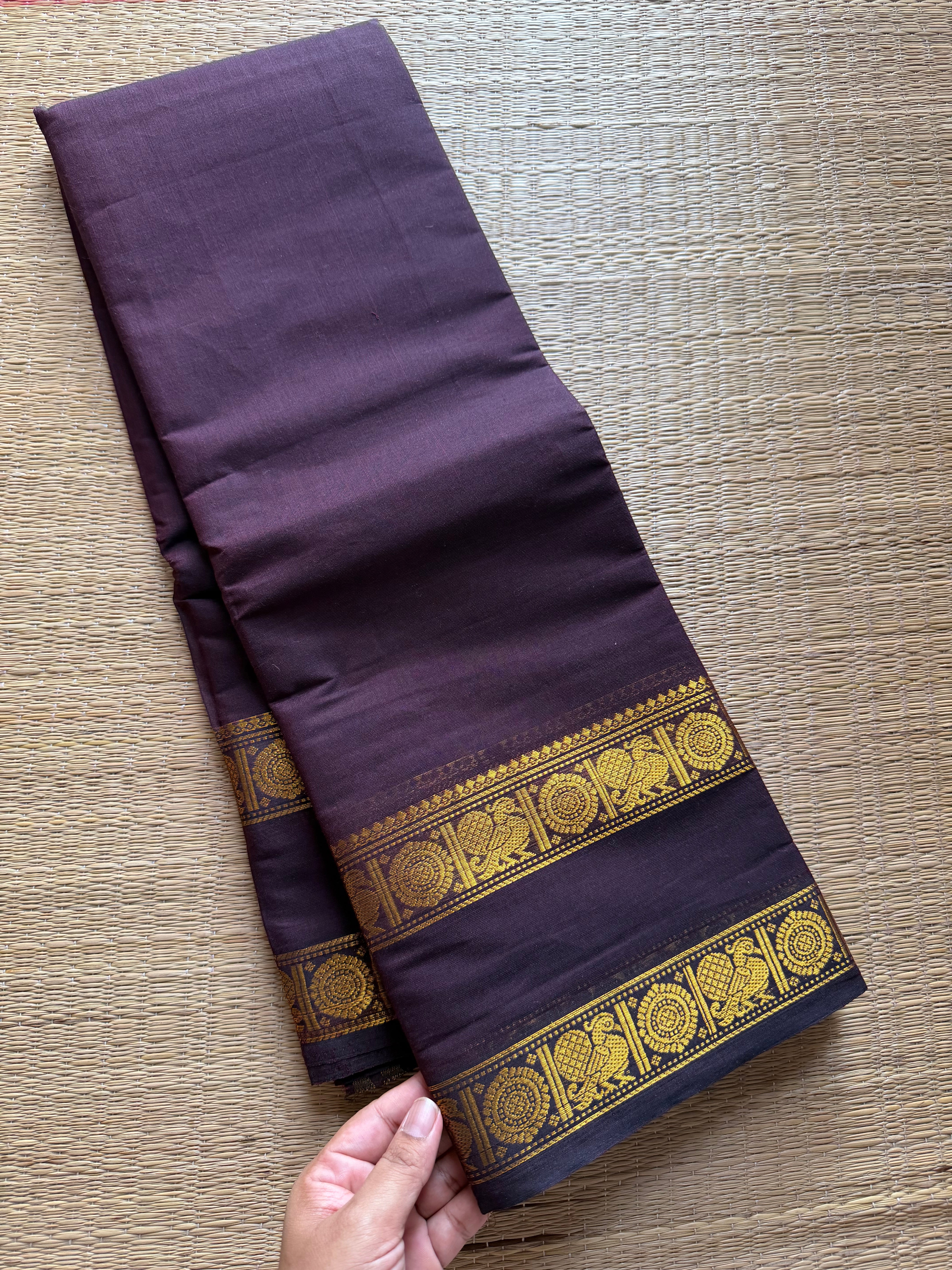 RF256 Monotone Brown Shade Kanchi Cotton Sarees small With Rich golden Zari annam pattern Rettapet border