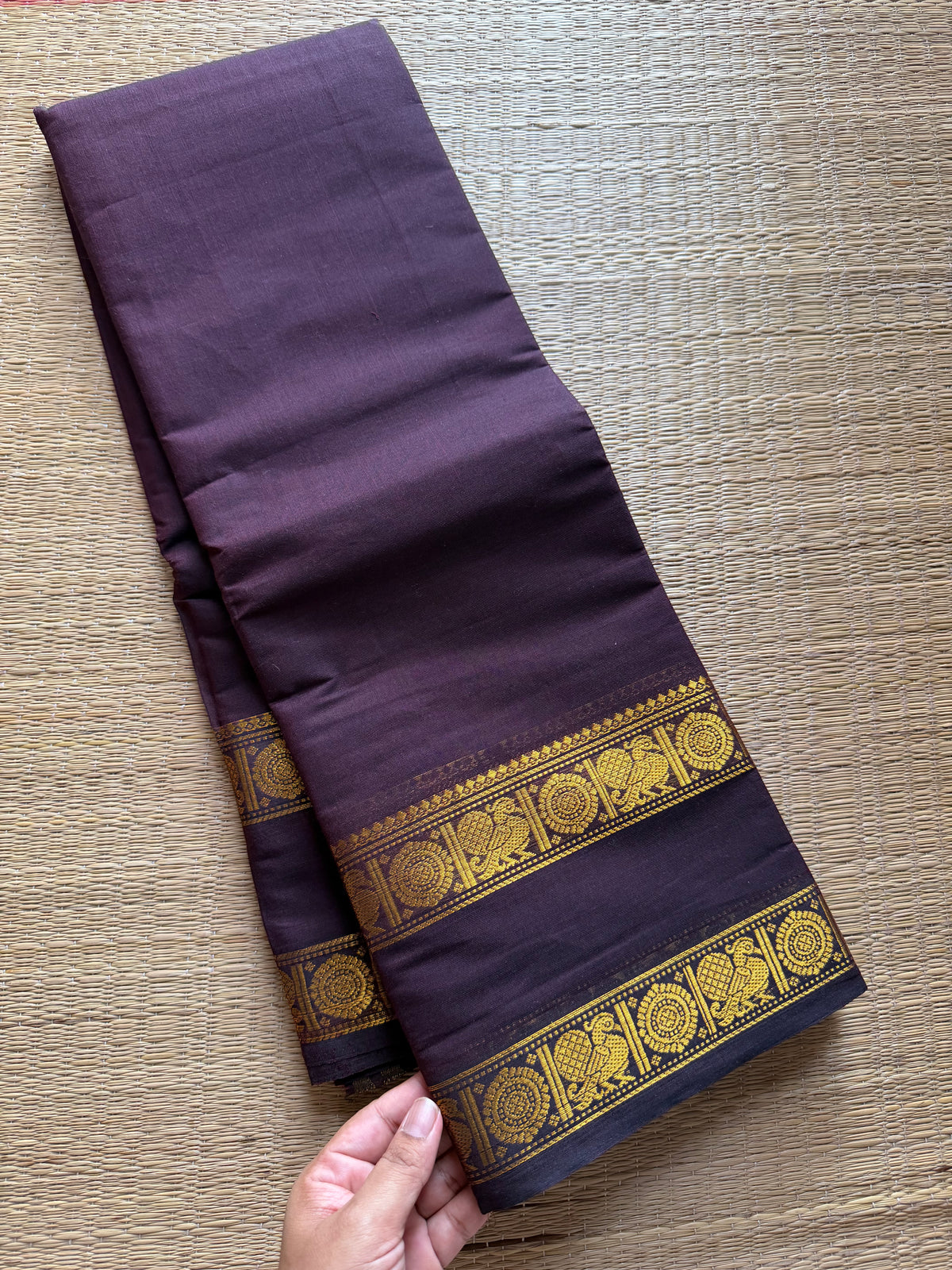 RF256 Monotone Brown Shade Kanchi Cotton Sarees small With Rich golden Zari annam pattern Rettapet border