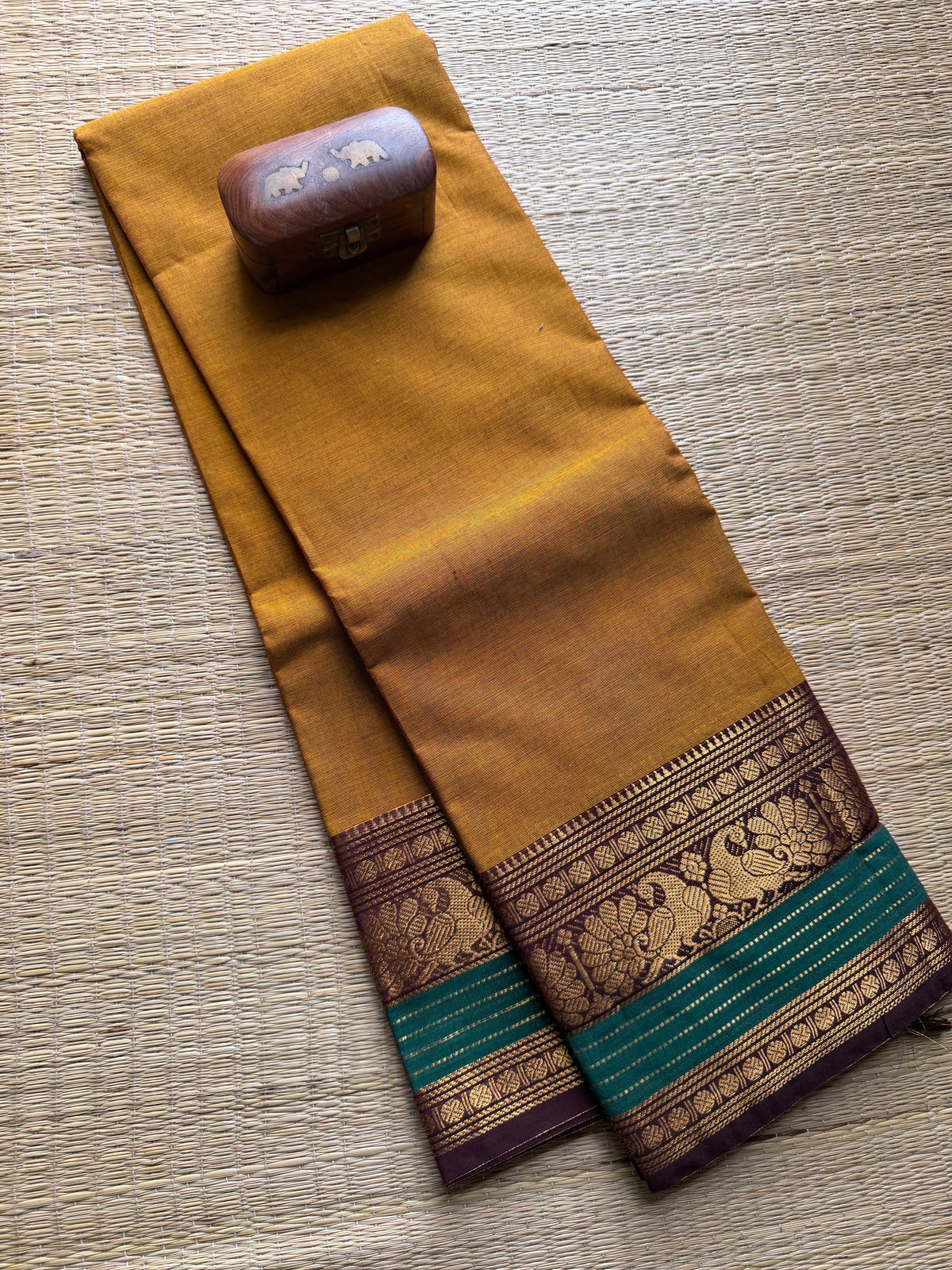 Mustard Yellow With Green Border Kanchi Cotton saree