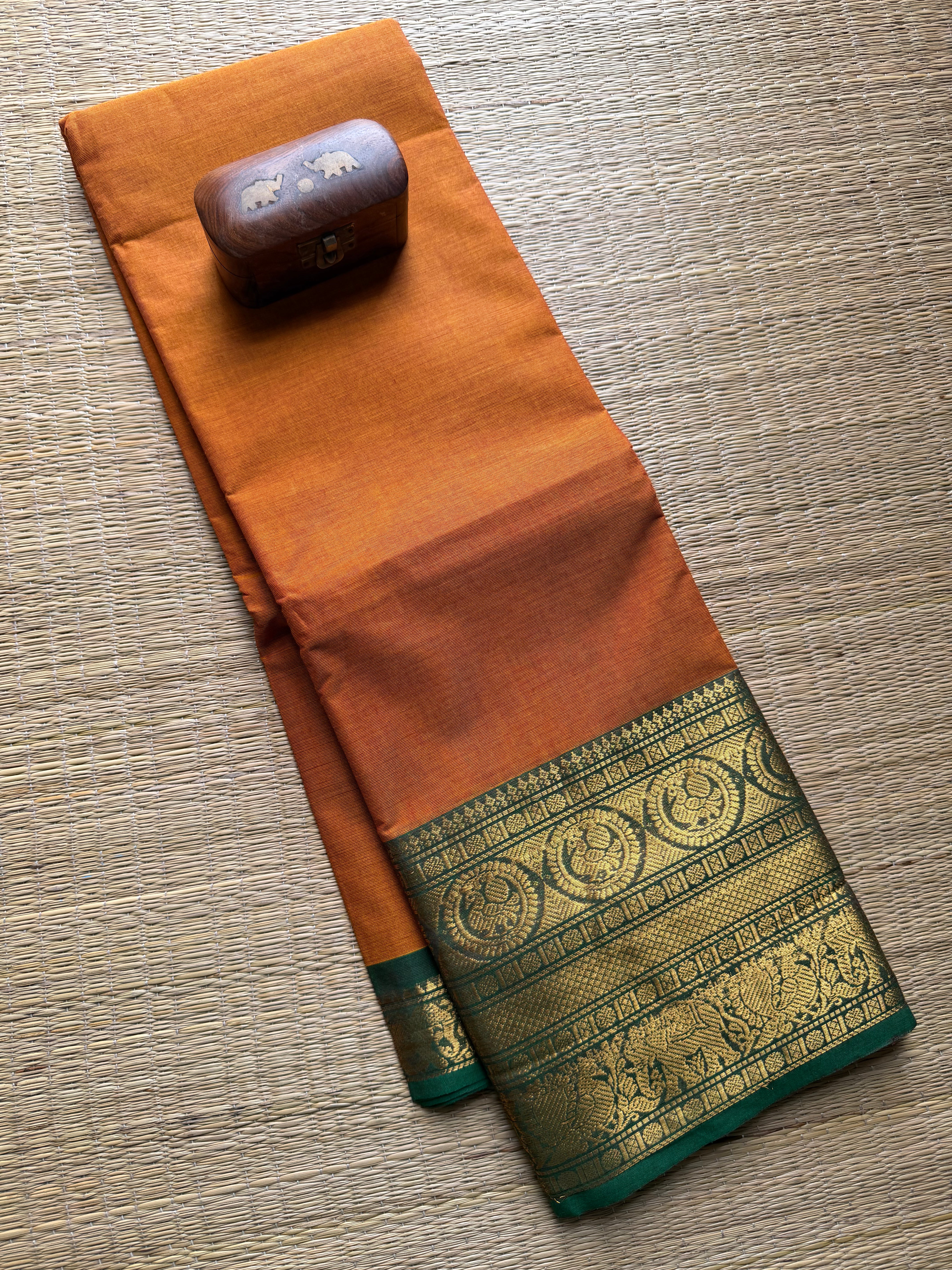 Orange with green border Kanchi cotton saree