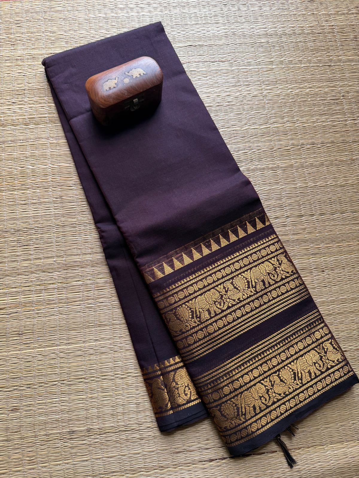 Monotone Chocolate Brown Retta Patta Kanchi Cotton Saree