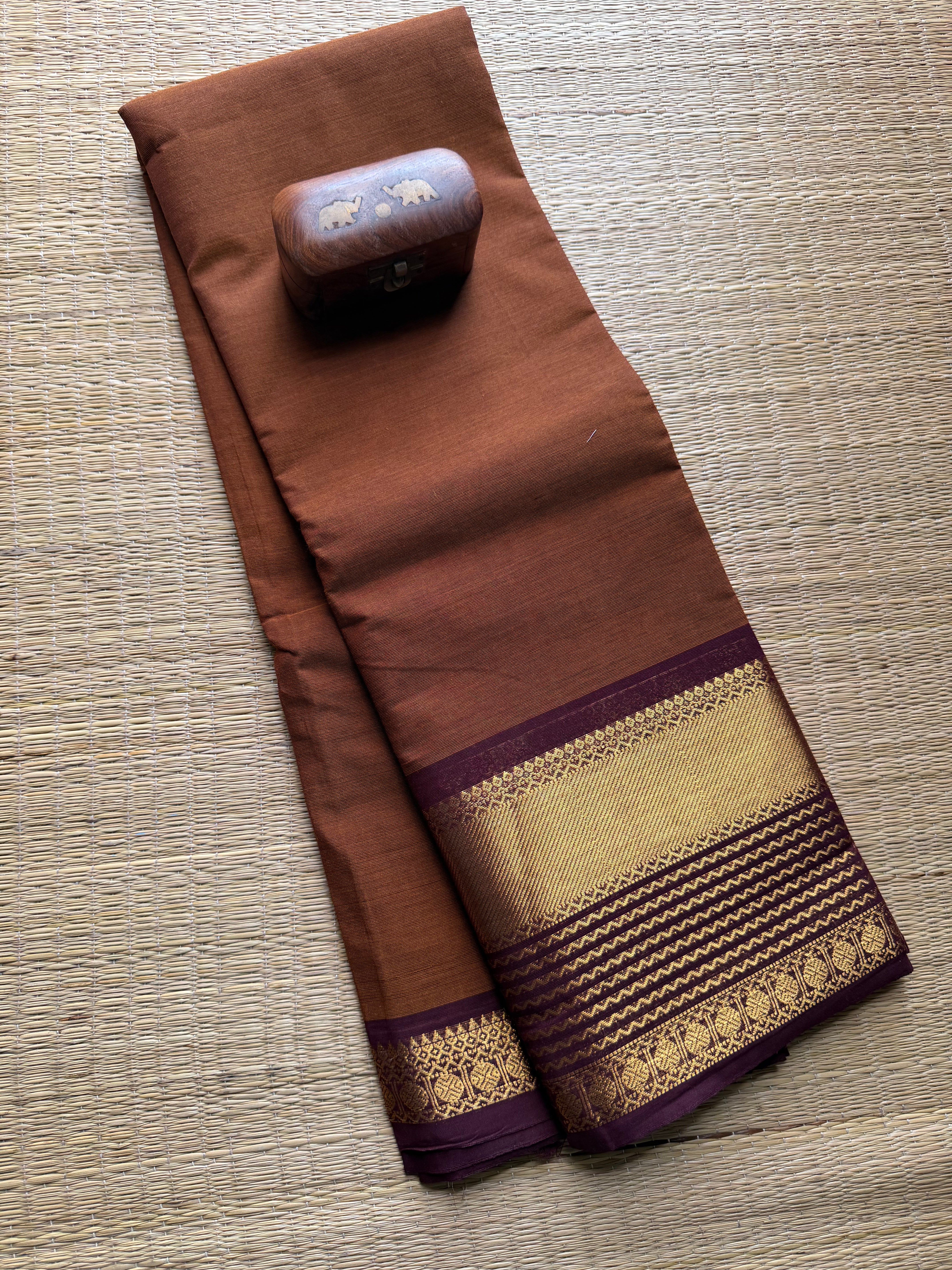 Dark Honey Shade with maroon border Kanchi cotton saree