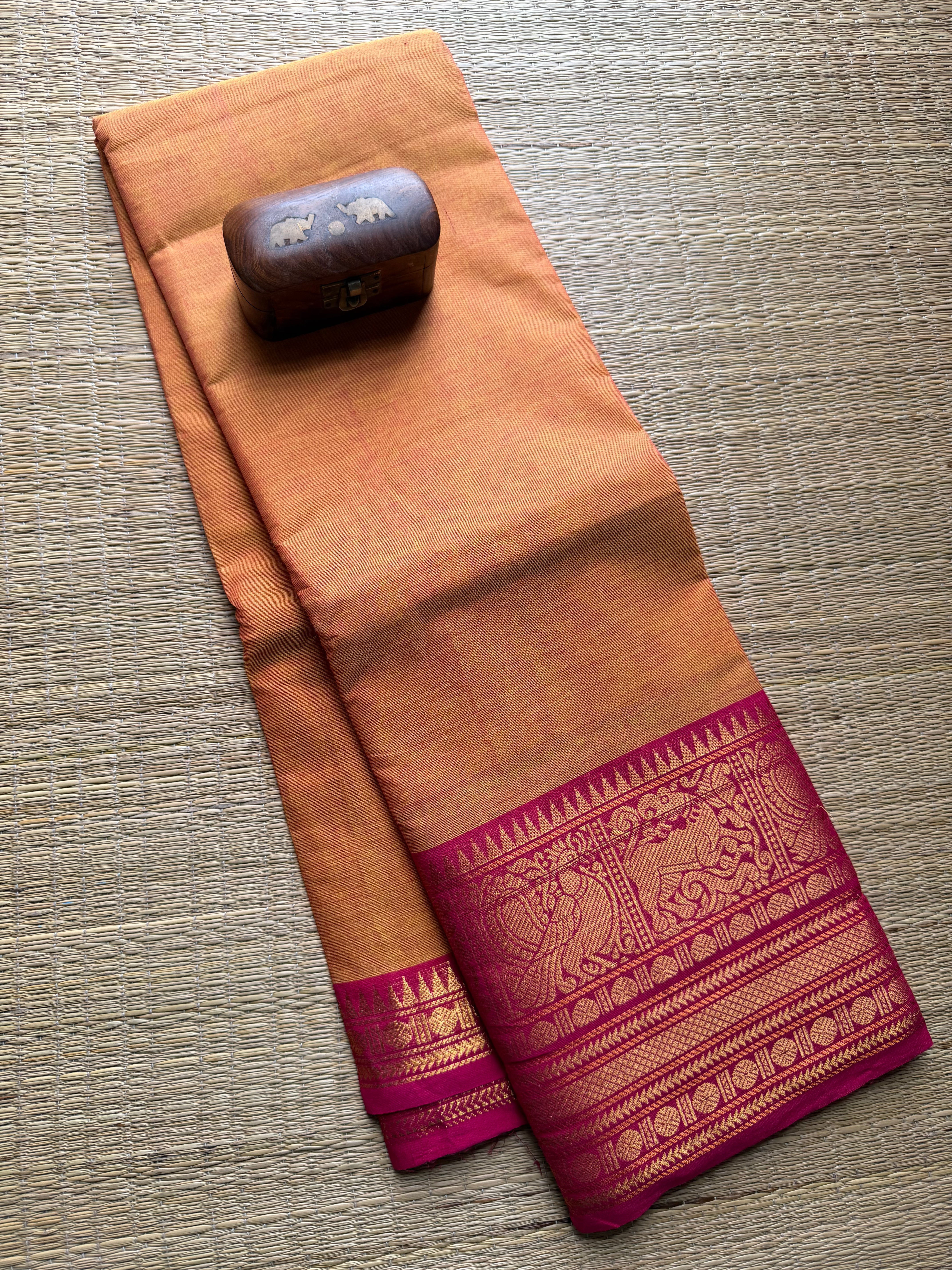 Mango Shade with Pink Yazhi & annam border Kanchi cotton saree