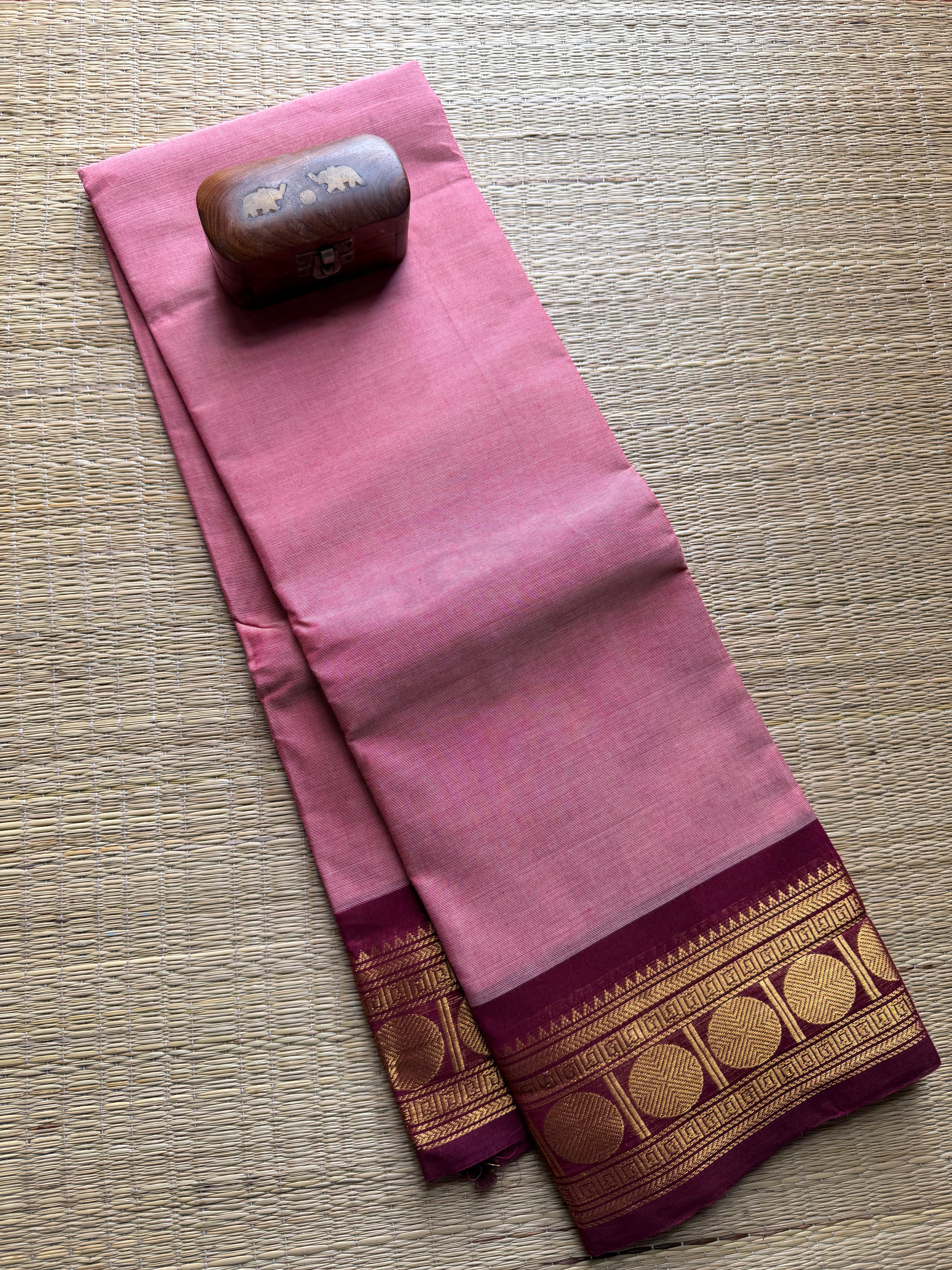 Pink Kanchi cotton saree with contrast Zari Border