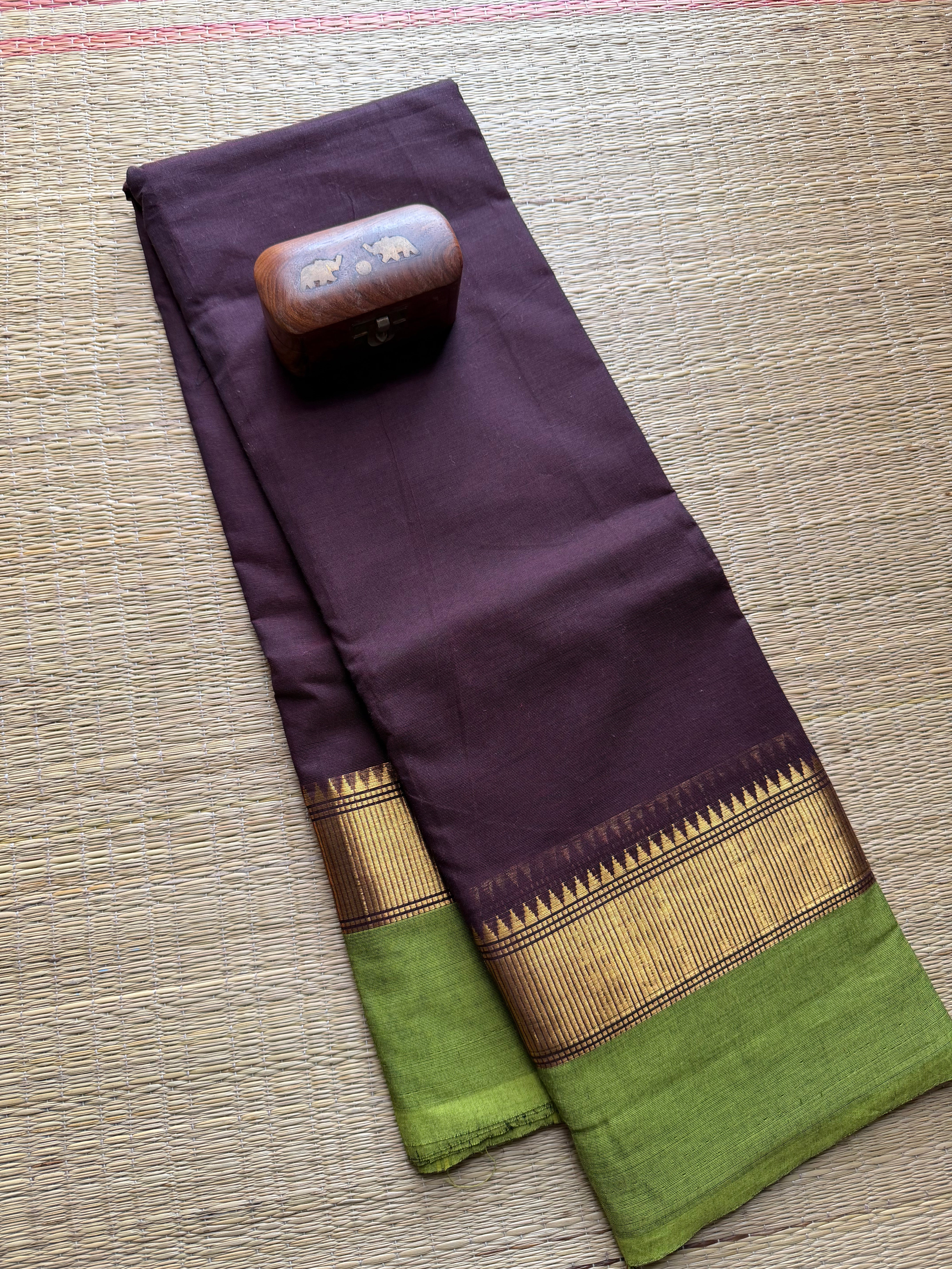 Chocolate brown with green border Kanchi cotton saree