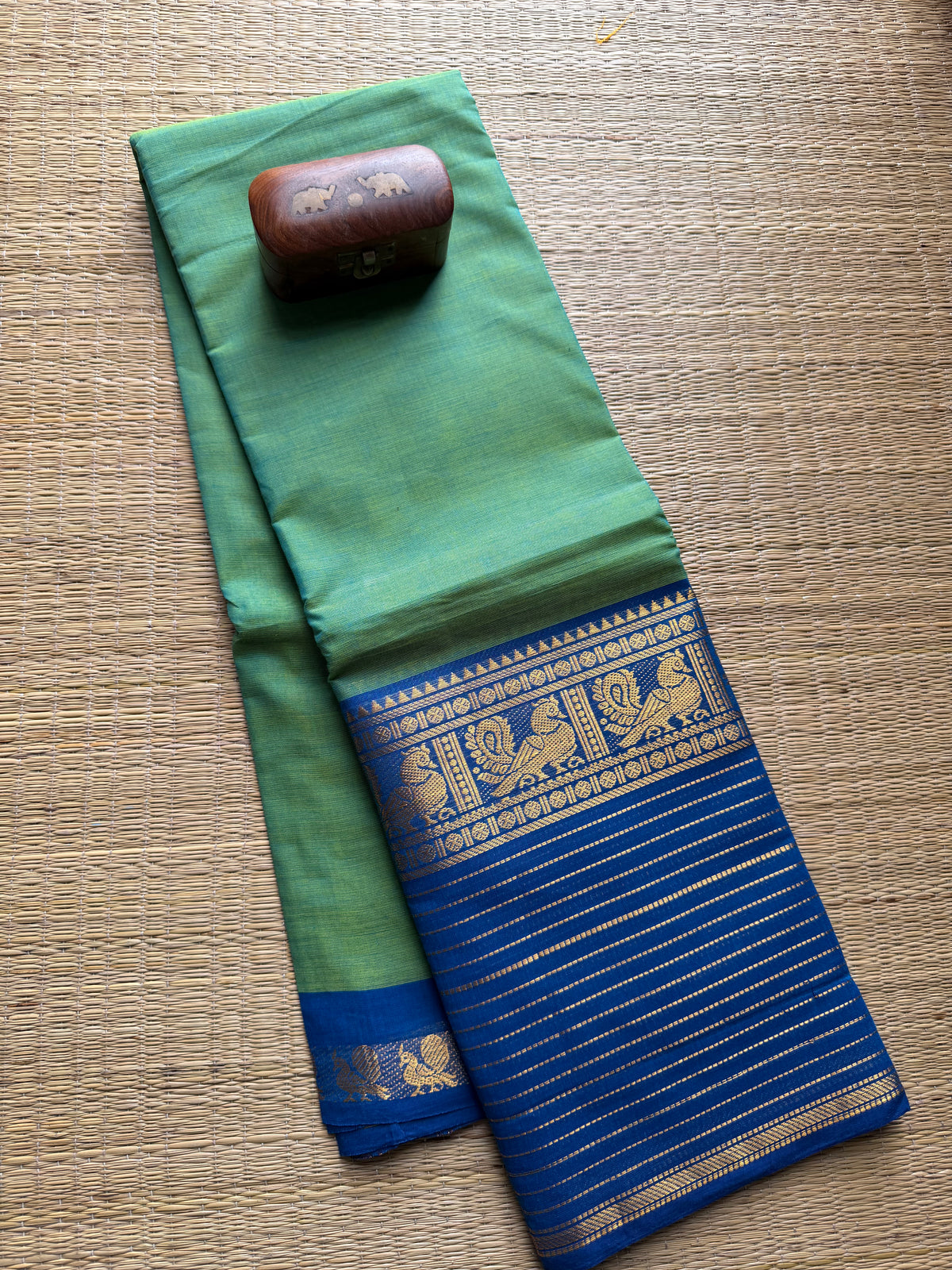 Dual tone Turquoise green shade big border Kanchi Cotton Saree