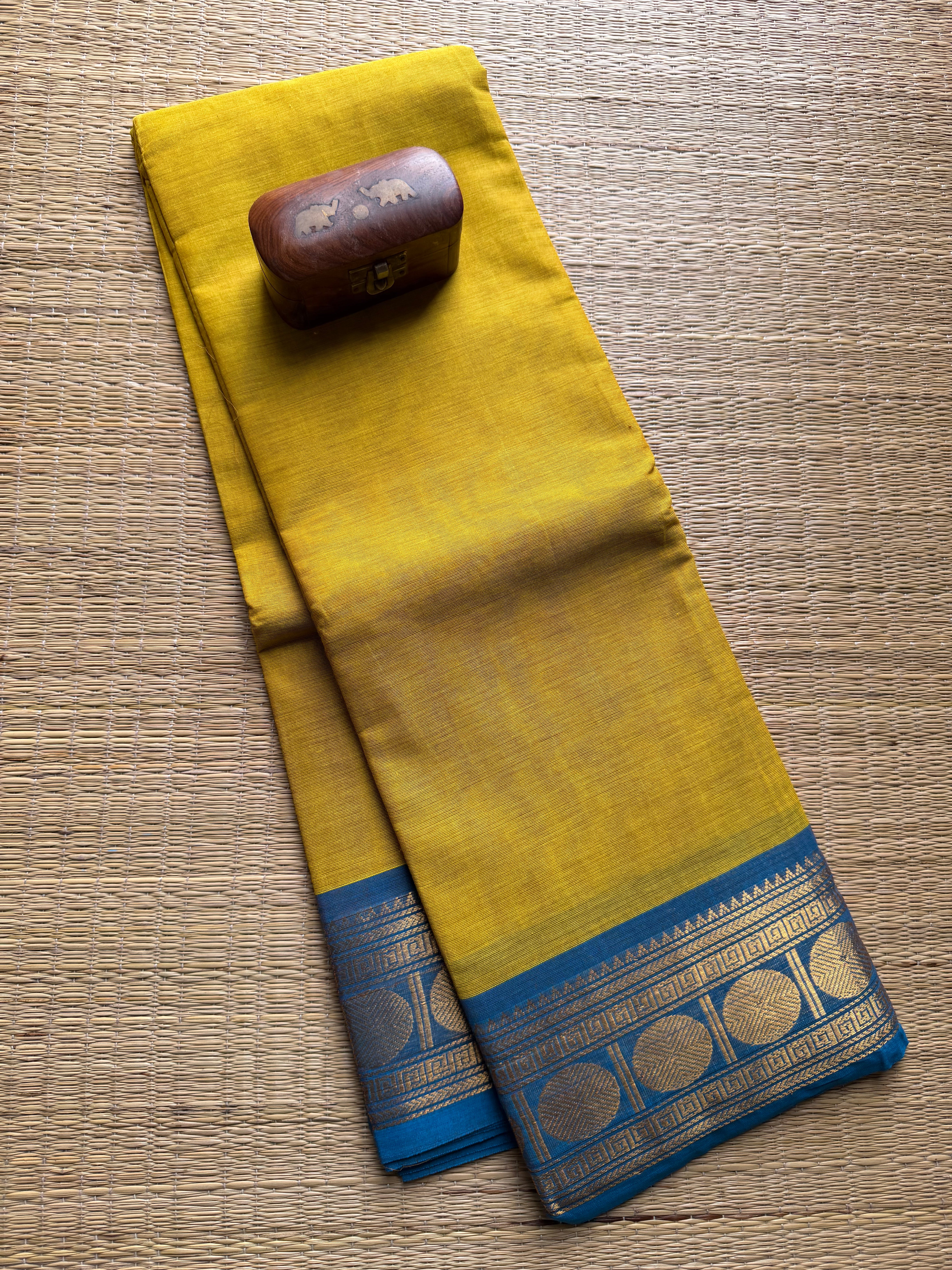 Lemon yellow with sky blue Kanchi cotton saree