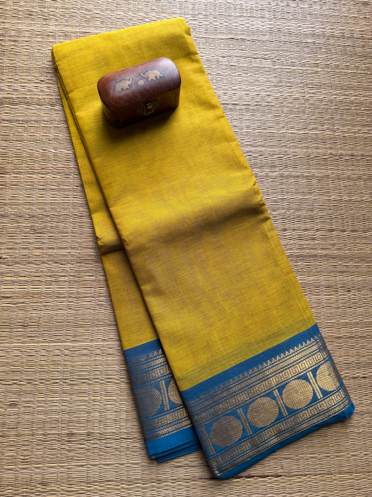 Lemon yellow with sky blue Kanchi cotton saree