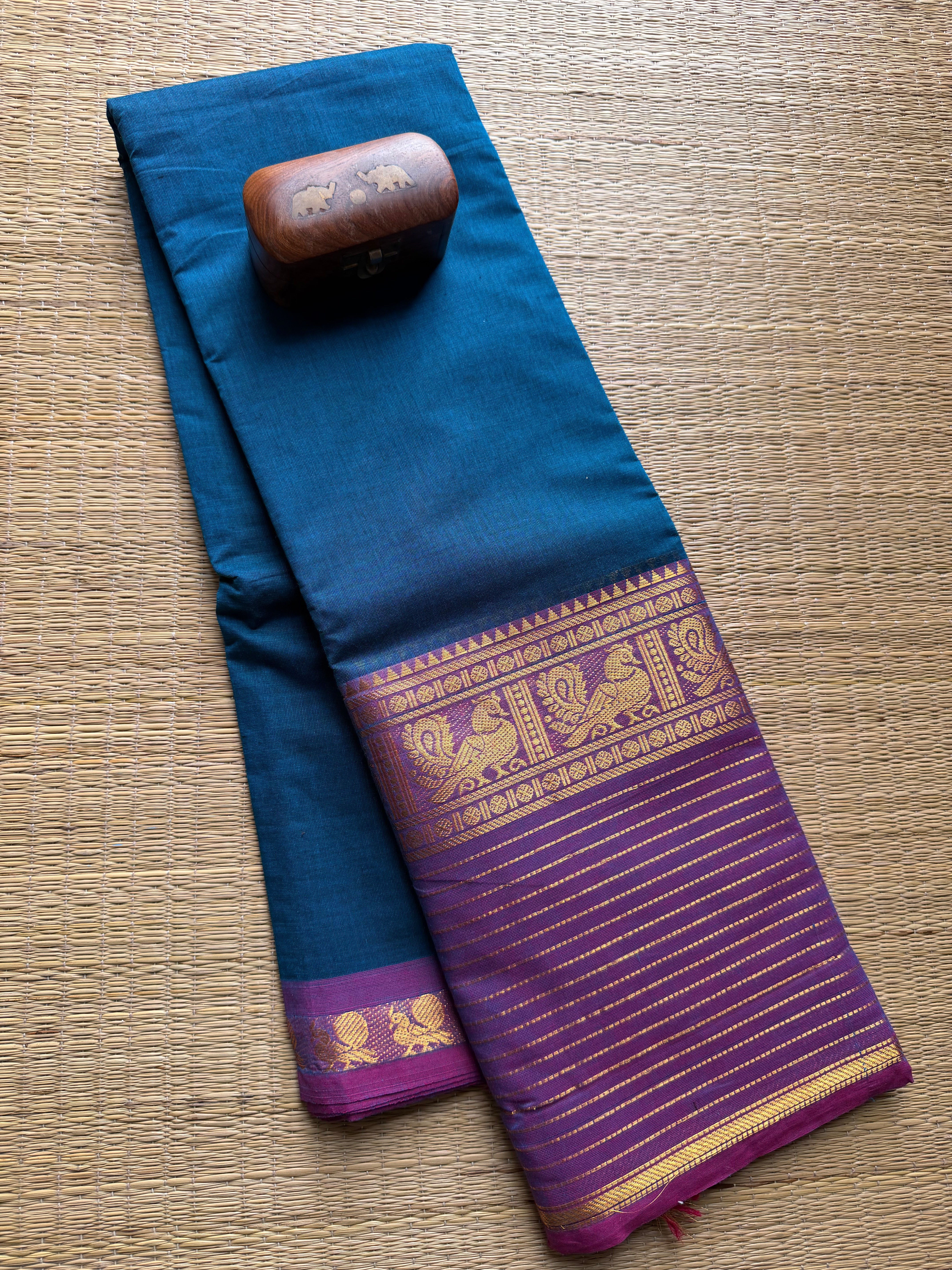 Peacock  Blue With Light Purple Shade Big Border Kanchi Cotton Saree