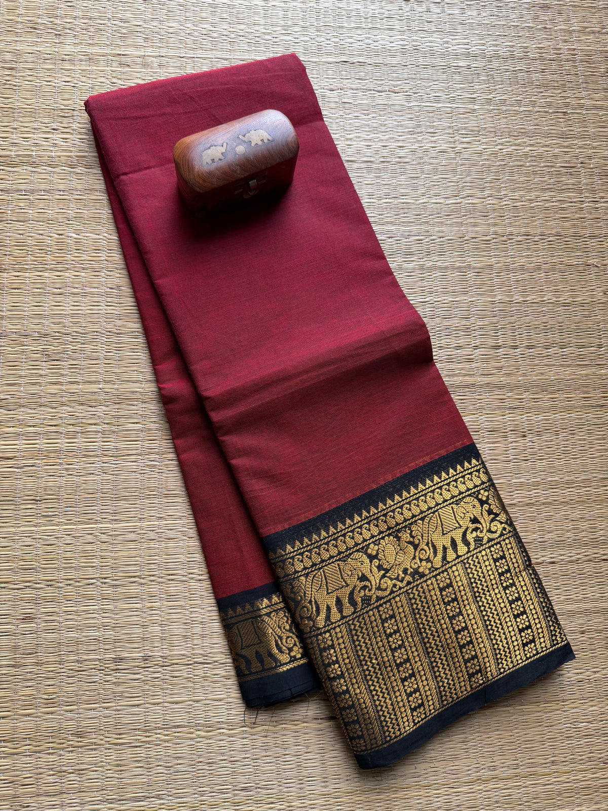 Maroon With Black Zari Border Kanchi Cotton Saree