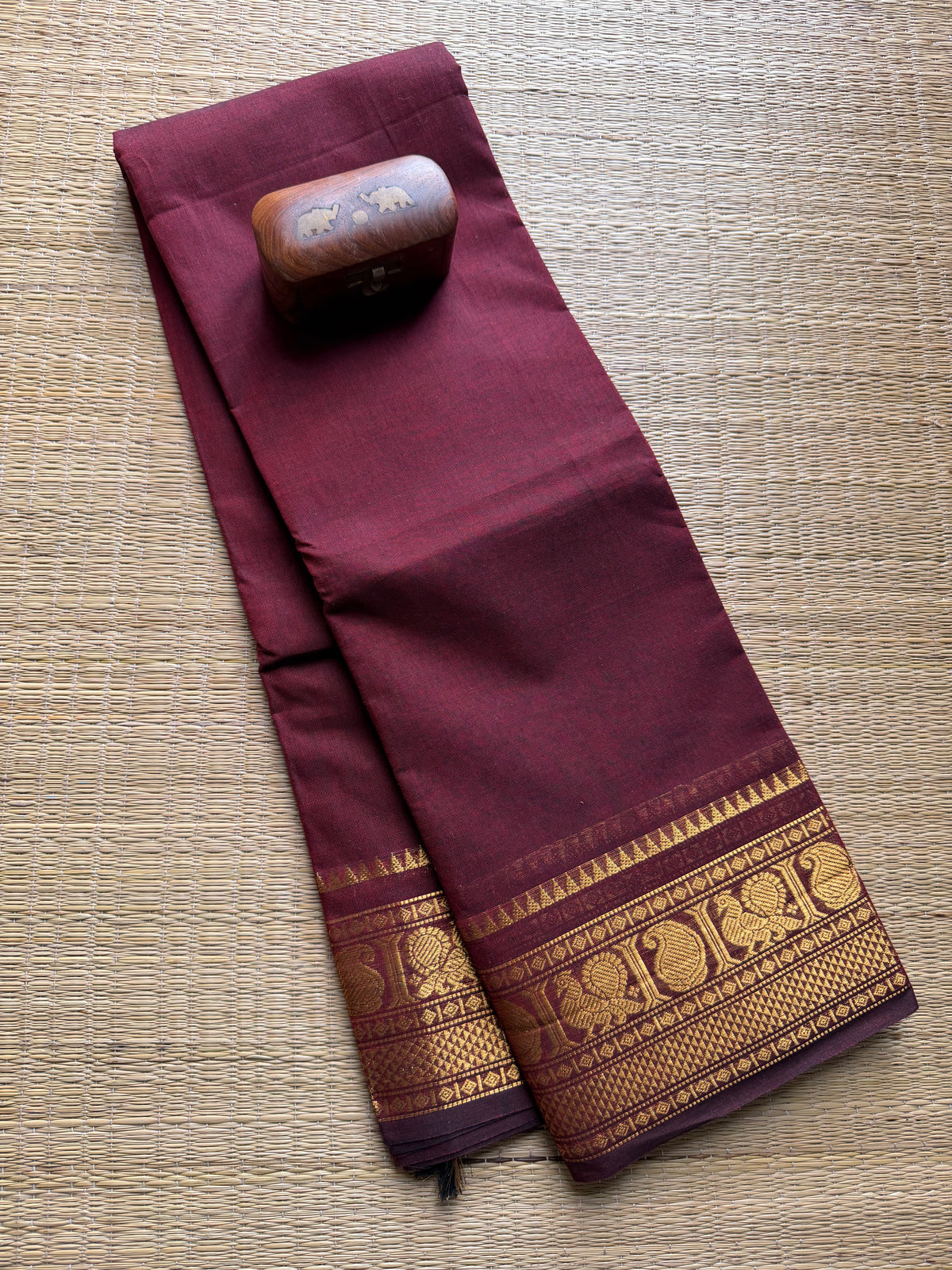 Monotone Maroon Zari Border Kanchi Cotton Saree