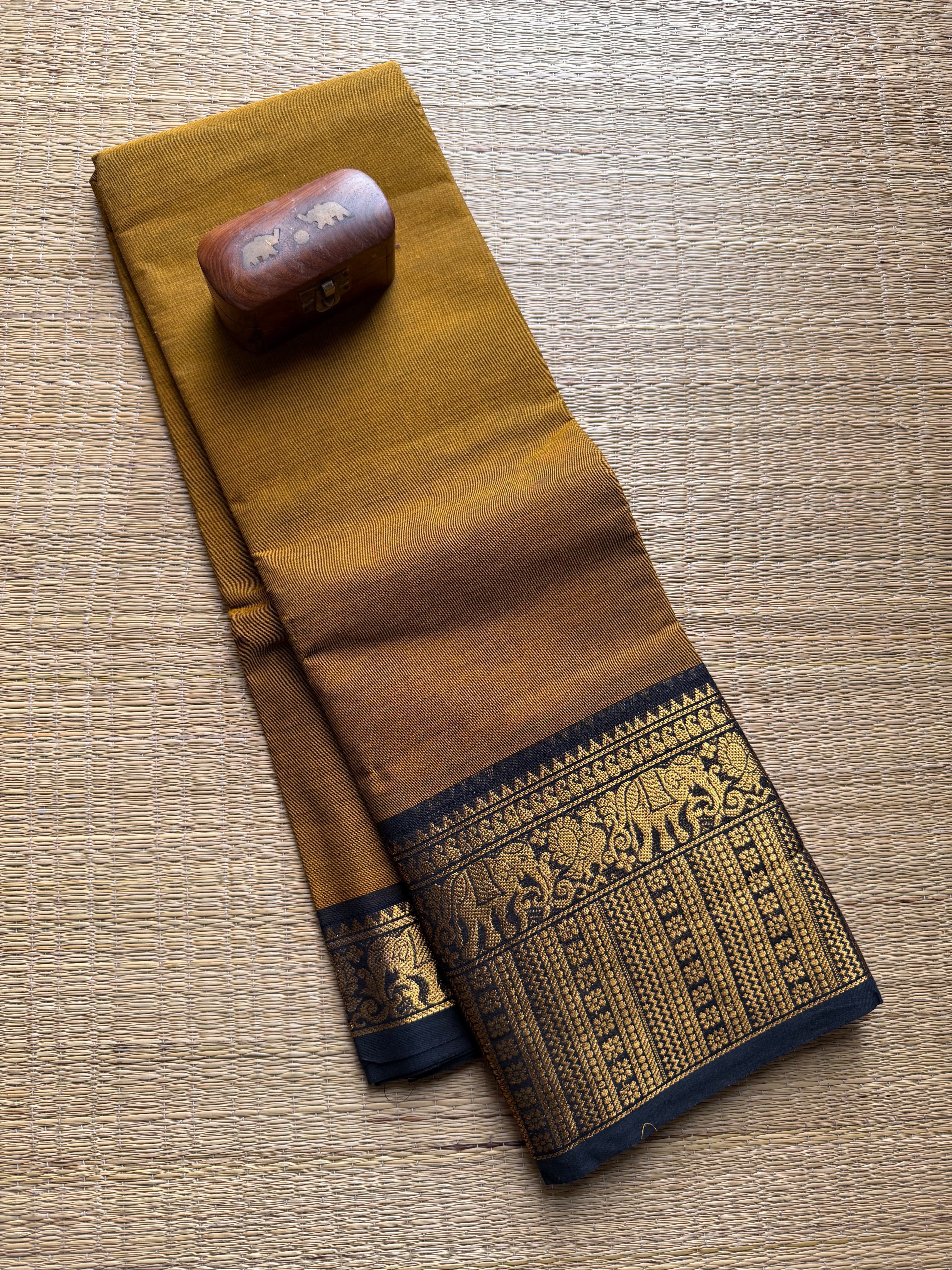 Mustard With Black Contrast Zari Border Kanchi Cotton Saree