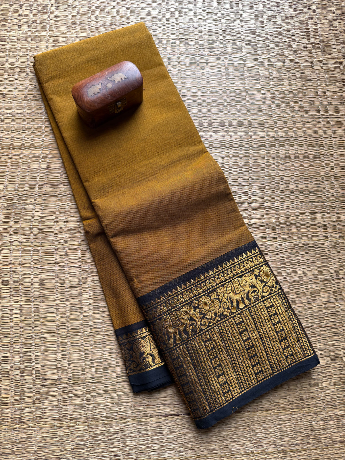 Mustard With Black Contrast Zari Border Kanchi Cotton Saree