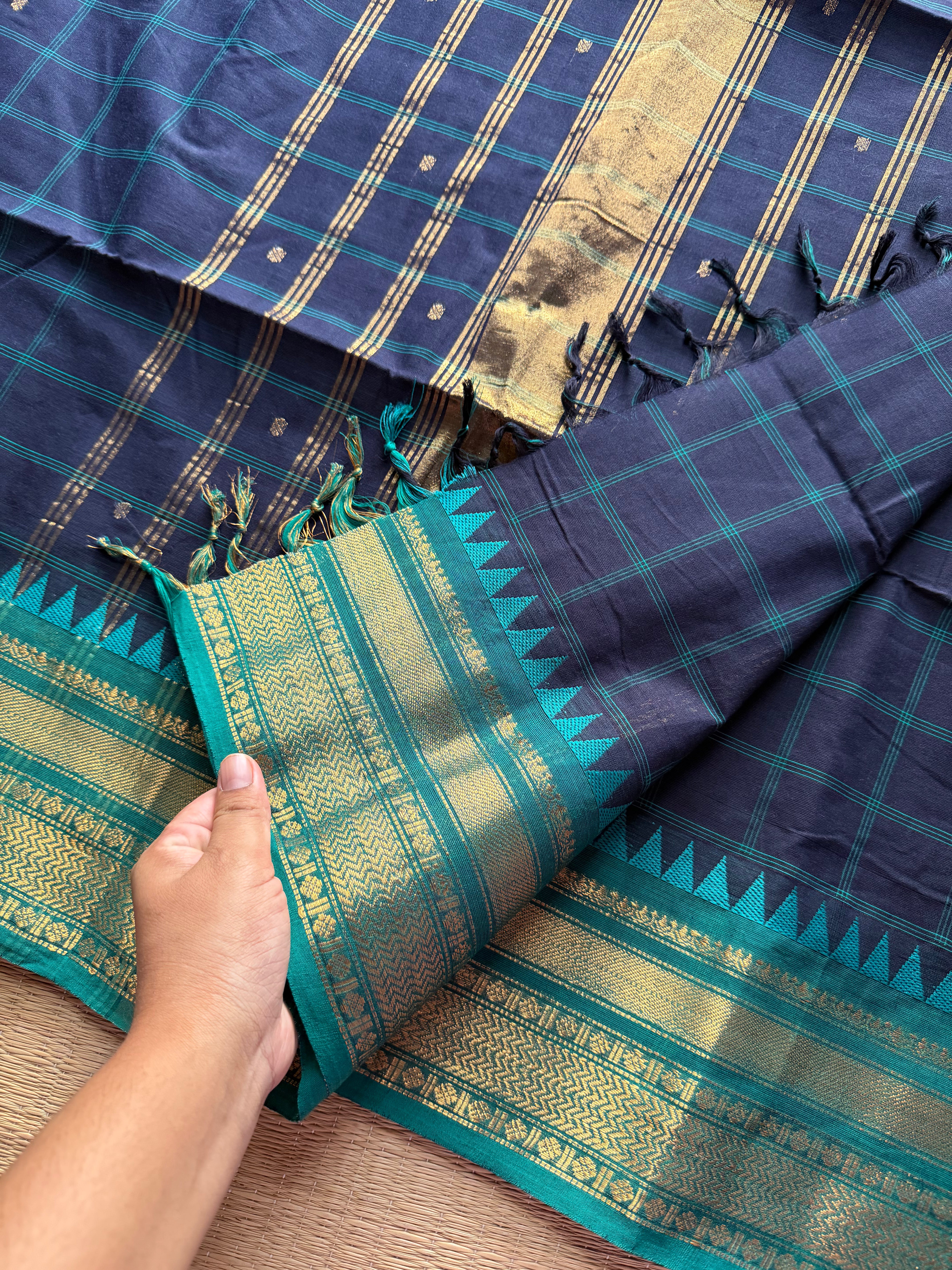 RF215 Deep navy Blue with contrast teal blue combination checks / Kattam Kanchi cotton saree with handmade golden Zari Buttas