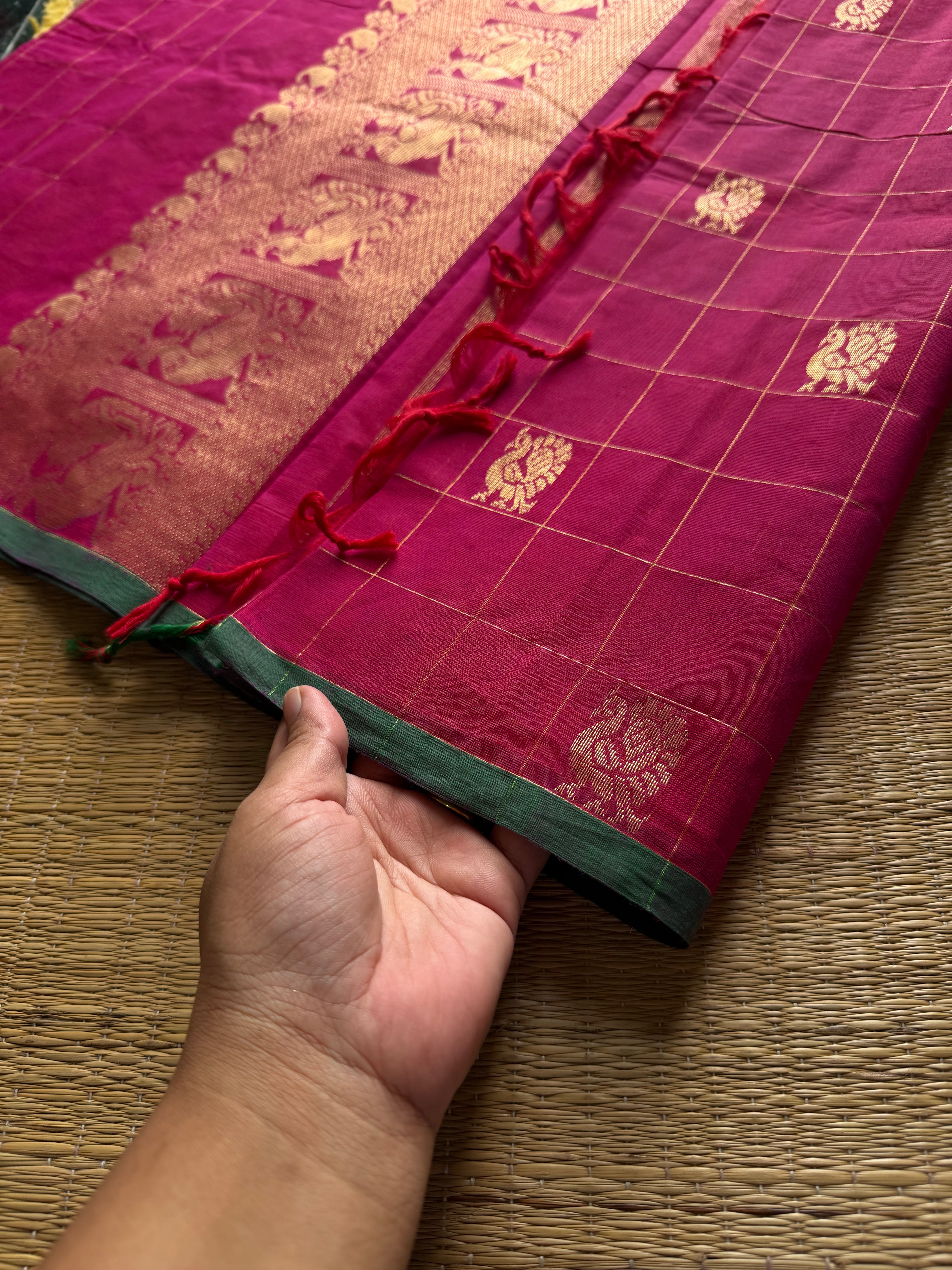 RF819 Magenta pink  & Green Combination Premium Kanchi cotton saree with golden Zari checks pattern & Annam Buttas and intricate Zari woven Pallu